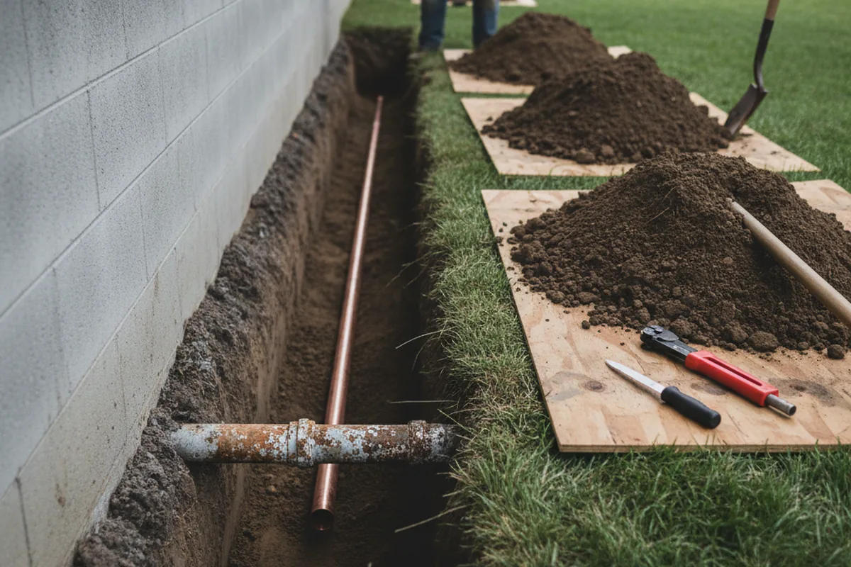 Excavated water line trench during Water Softener Installation in Hosford